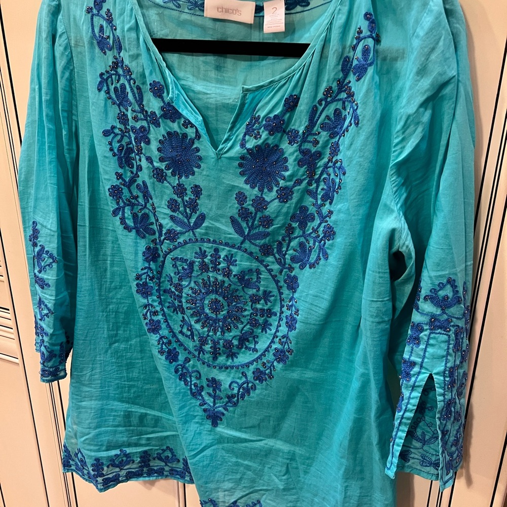 Chico's Turquoise and Royal Blue Embroidered Tunic